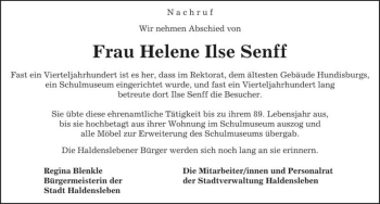 Traueranzeige von Helene Ilse Senff  von Magdeburger Volksstimme