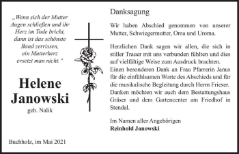 Traueranzeige von Helene Janowski (geb. Nalik)  von Magdeburger Volksstimme