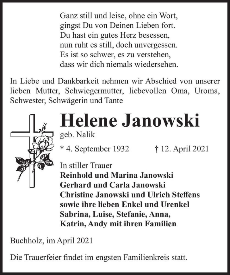  Traueranzeige für Helene Janowski (geb. Nalik)  vom 21.04.2021 aus Magdeburger Volksstimme