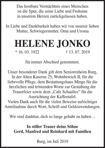 Traueranzeige von Helene Jonko  von Magdeburger Volksstimme