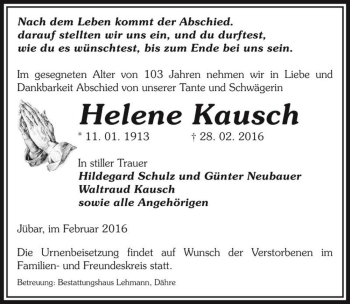 Traueranzeige von Helene Kausch  von Magdeburger Volksstimme