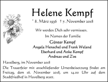 Traueranzeige von Helene Kempf  von Magdeburger Volksstimme