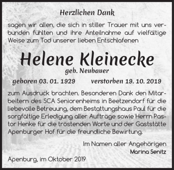 Traueranzeige von Helene Kleinecke (geb. Neubauer)  von Magdeburger Volksstimme