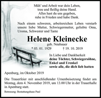 Traueranzeige von Helene Kleinecke (geb. Neubauer)  von Magdeburger Volksstimme