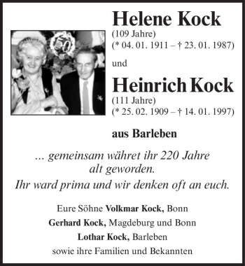 Traueranzeige von Helene Kock, Heinrich Kock  von Magdeburger Volksstimme