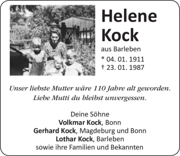 Traueranzeige von Helene Kock  von Magdeburger Volksstimme