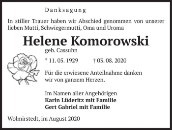 Traueranzeige von Helene Komorowski (geb. Cassuhn)  von Magdeburger Volksstimme