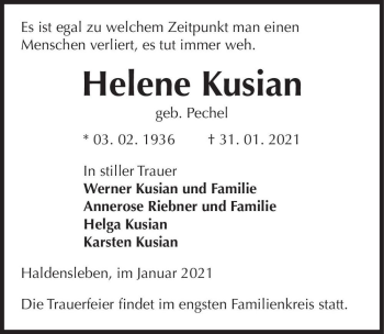 Traueranzeige von Helene Kusian (geb. Pechel)  von Magdeburger Volksstimme