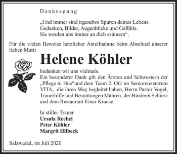 Traueranzeige von Helene Köhler  von Magdeburger Volksstimme