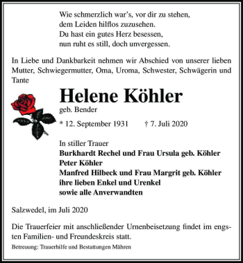 Traueranzeige von Helene Köhler (geb. Bender)  von Magdeburger Volksstimme
