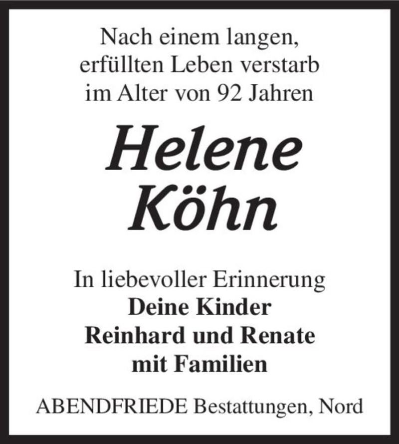  Traueranzeige für Helene Köhn  vom 12.11.2016 aus Magdeburger Volksstimme