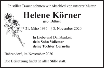 Traueranzeige von Helene Körner (geb. Bittner)  von Magdeburger Volksstimme