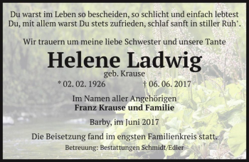 Traueranzeige von Helene Ladwig (geb. Krause)  von Magdeburger Volksstimme