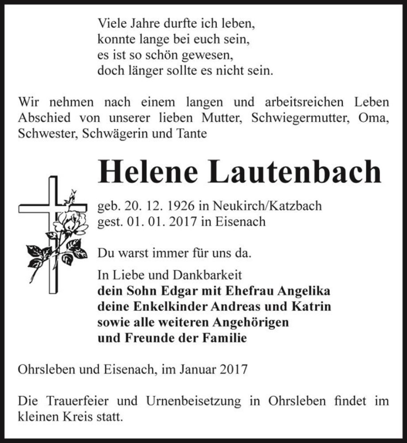  Traueranzeige für Helene Lautenbach  vom 11.01.2017 aus Magdeburger Volksstimme