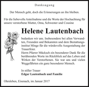 Traueranzeige von Helene Lautenbach  von Magdeburger Volksstimme