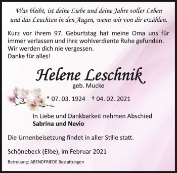 Traueranzeige von Helene Leschnik (geb. Mucke)  von Magdeburger Volksstimme