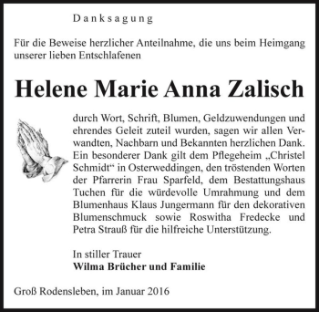Traueranzeige von Helene Marie Anna Zalisch  von Magdeburger Volksstimme