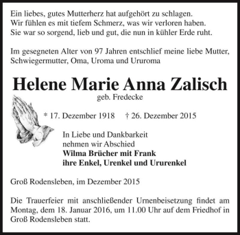 Traueranzeige von Helene Marie Anna Zalisch (geb. Fredecke)  von Magdeburger Volksstimme