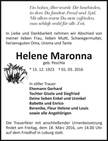 Traueranzeige von Helene Maronna (geb. Peschla)  von Magdeburger Volksstimme