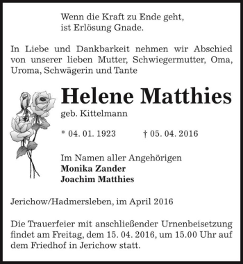 Traueranzeige von Helene Matthies (geb. Kittelmann)  von Magdeburger Volksstimme