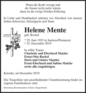 Traueranzeige von Helene Mente (geb. Rockel)  von Magdeburger Volksstimme