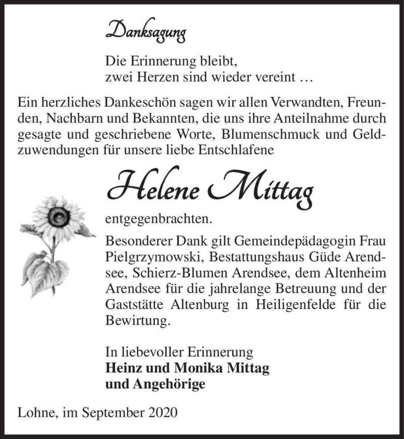  Traueranzeige für Helene Mittag  vom 06.10.2020 aus Magdeburger Volksstimme