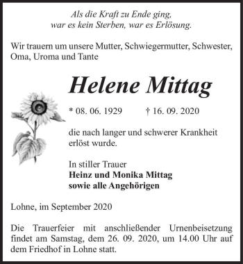 Traueranzeige von Helene Mittag  von Magdeburger Volksstimme