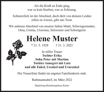 Traueranzeige von Helene Muster  von Magdeburger Volksstimme