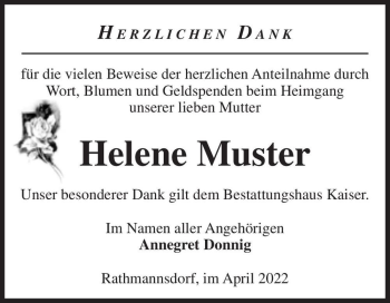 Traueranzeige von Helene Muster  von Magdeburger Volksstimme