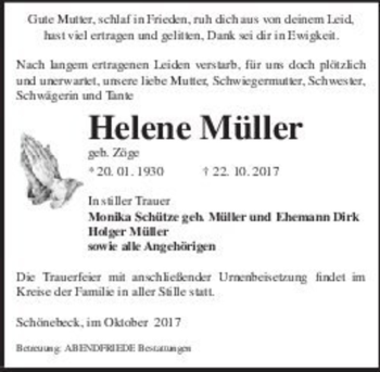 Traueranzeige von Helene Müller (geb. Zöge)  von Magdeburger Volksstimme