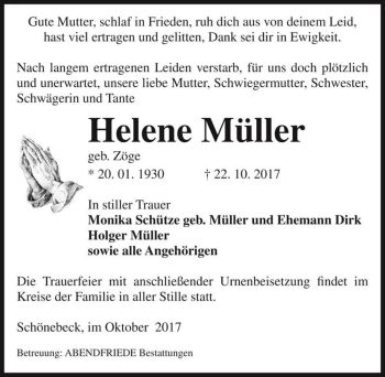 Traueranzeige von Helene Müller (geb. Zöge)  von Magdeburger Volksstimme