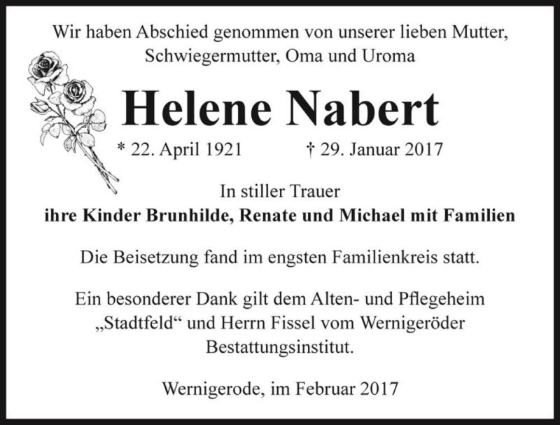  Traueranzeige für Helene Nabert  vom 27.02.2017 aus Magdeburger Volksstimme