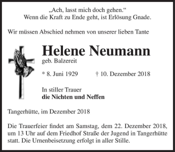 Traueranzeige von Helene Neumann (geb. Balzereit)  von Magdeburger Volksstimme