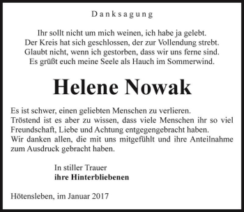 Traueranzeige von Helene Nowak  von Magdeburger Volksstimme