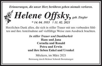 Traueranzeige von Helene Offsky (geb. Ziegler)  von Magdeburger Volksstimme