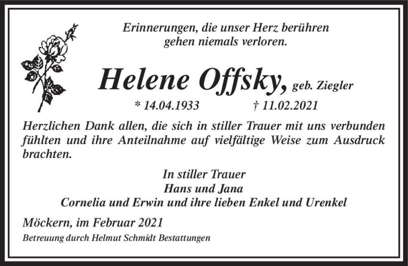  Traueranzeige für Helene Offsky (geb. Ziegler)  vom 27.02.2021 aus Magdeburger Volksstimme