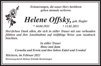 Traueranzeige von Helene Offsky (geb. Ziegler)  von Magdeburger Volksstimme