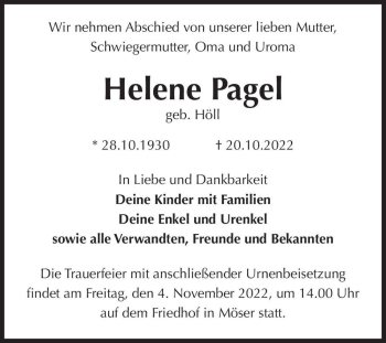 Traueranzeige von Helene Pagel (geb. Höll)  von Magdeburger Volksstimme