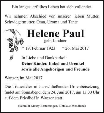 Traueranzeige von Helene Paul (geb. Lindner)  von Magdeburger Volksstimme