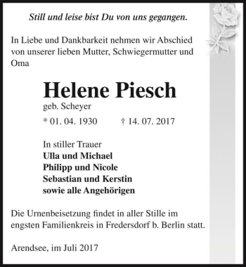 Traueranzeige von Helene Piesch (geb. Scheyer)  von Magdeburger Volksstimme