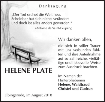 Traueranzeige von Helene Plate  von Magdeburger Volksstimme