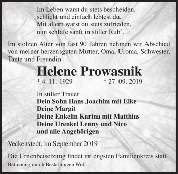 Traueranzeige von Helene Prowasnik  von Magdeburger Volksstimme