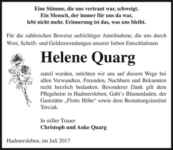 Traueranzeige von Helene Quarg  von Magdeburger Volksstimme