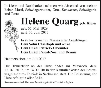 Traueranzeige von Helene Quarg (geb. Klosa)  von Magdeburger Volksstimme