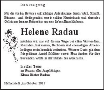 Traueranzeige von Helene Radau  von Magdeburger Volksstimme