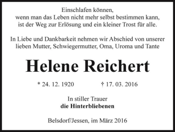 Traueranzeige von Helene Reichert  von Magdeburger Volksstimme