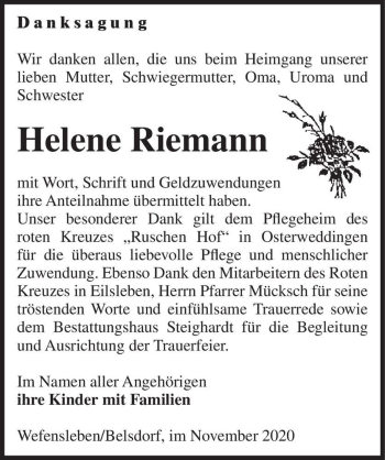 Traueranzeige von Helene Riemann  von Magdeburger Volksstimme