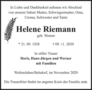Traueranzeige von Helene Riemann (geb. Werner)  von Magdeburger Volksstimme