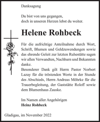 Traueranzeige von Helene Rohbeck  von Magdeburger Volksstimme