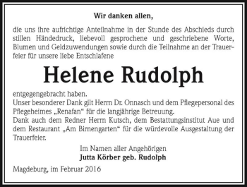 Traueranzeige von Helene Rudolph  von Magdeburger Volksstimme